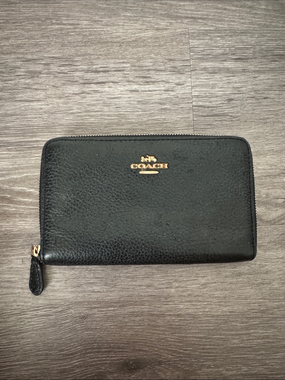 Coach Black Pebbled Leather Zip-Around Wallet with Gold Logo